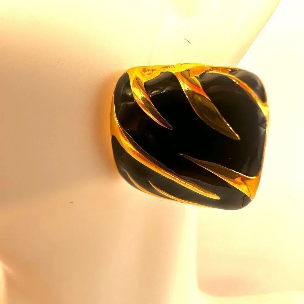 Gold tone and black square post earrings